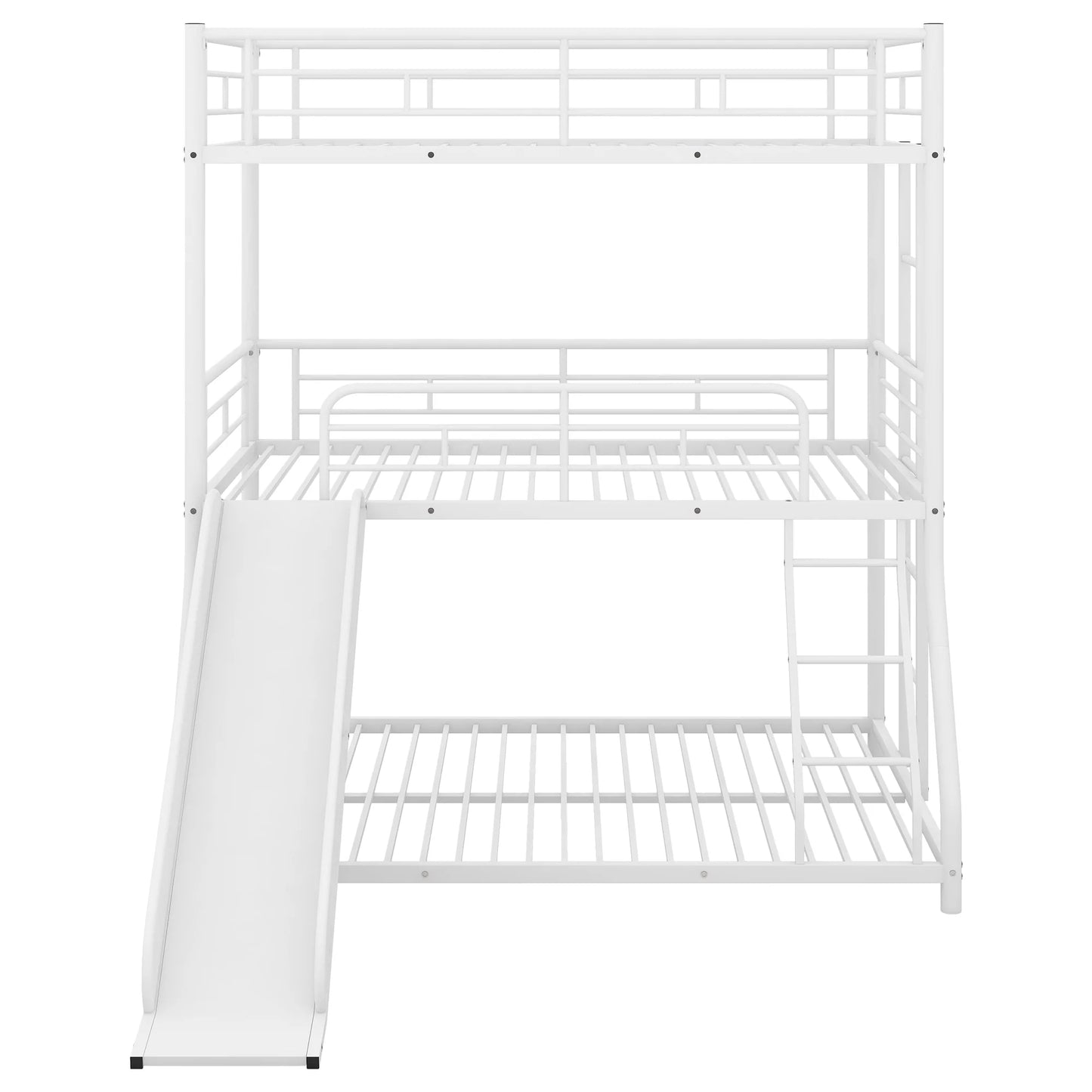 Full Triple Bunk Bed with Long and Short Ladder and Full Length Guardrails in Black