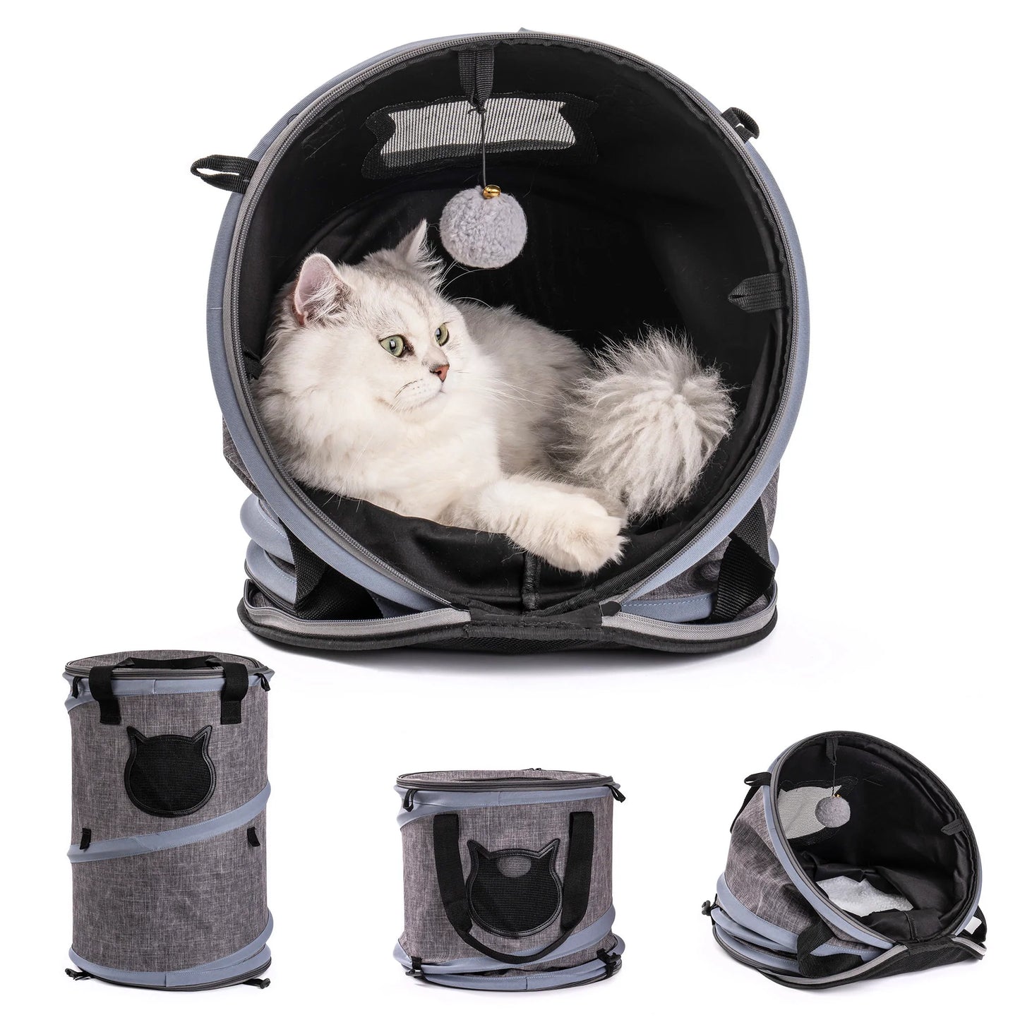 Foldable Tunnel Pet Travel Carrier Bag with Plush Balls in Gray