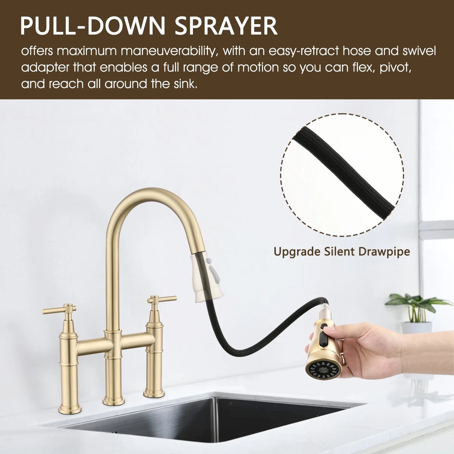Kitchen Faucet Double Handle With Pull Down Spray Head in Brushed Gold