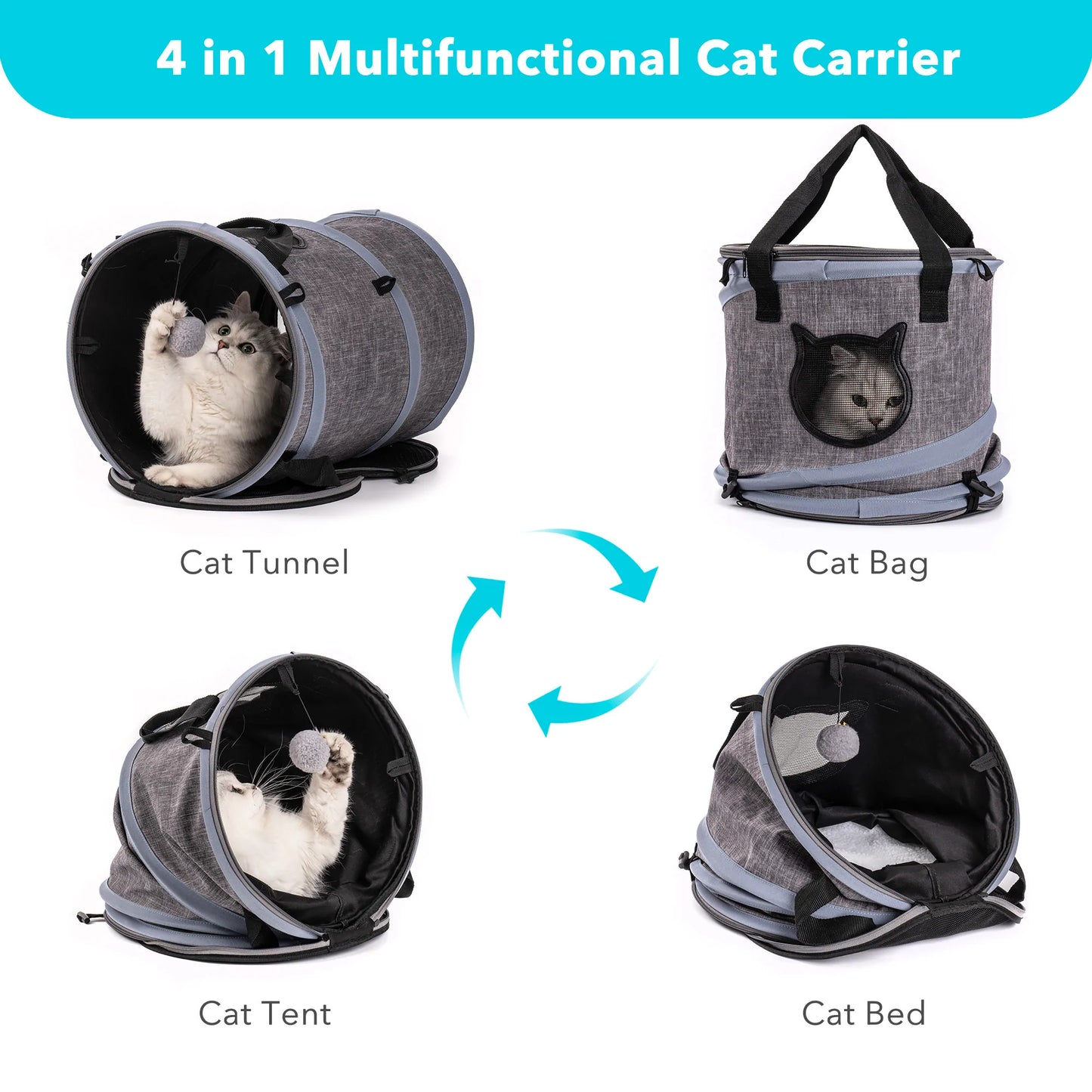Foldable Tunnel Pet Travel Carrier Bag with Plush Balls in Gray