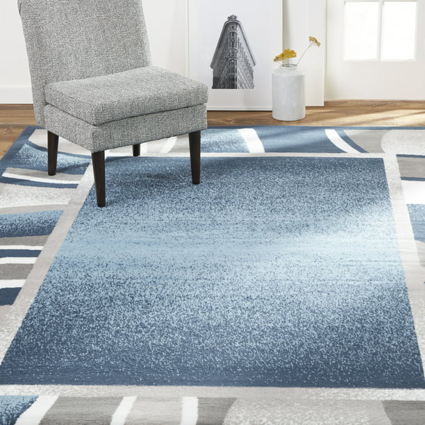 Abstract Border Runner Area Rug Blue and Grey 88x62 Inches