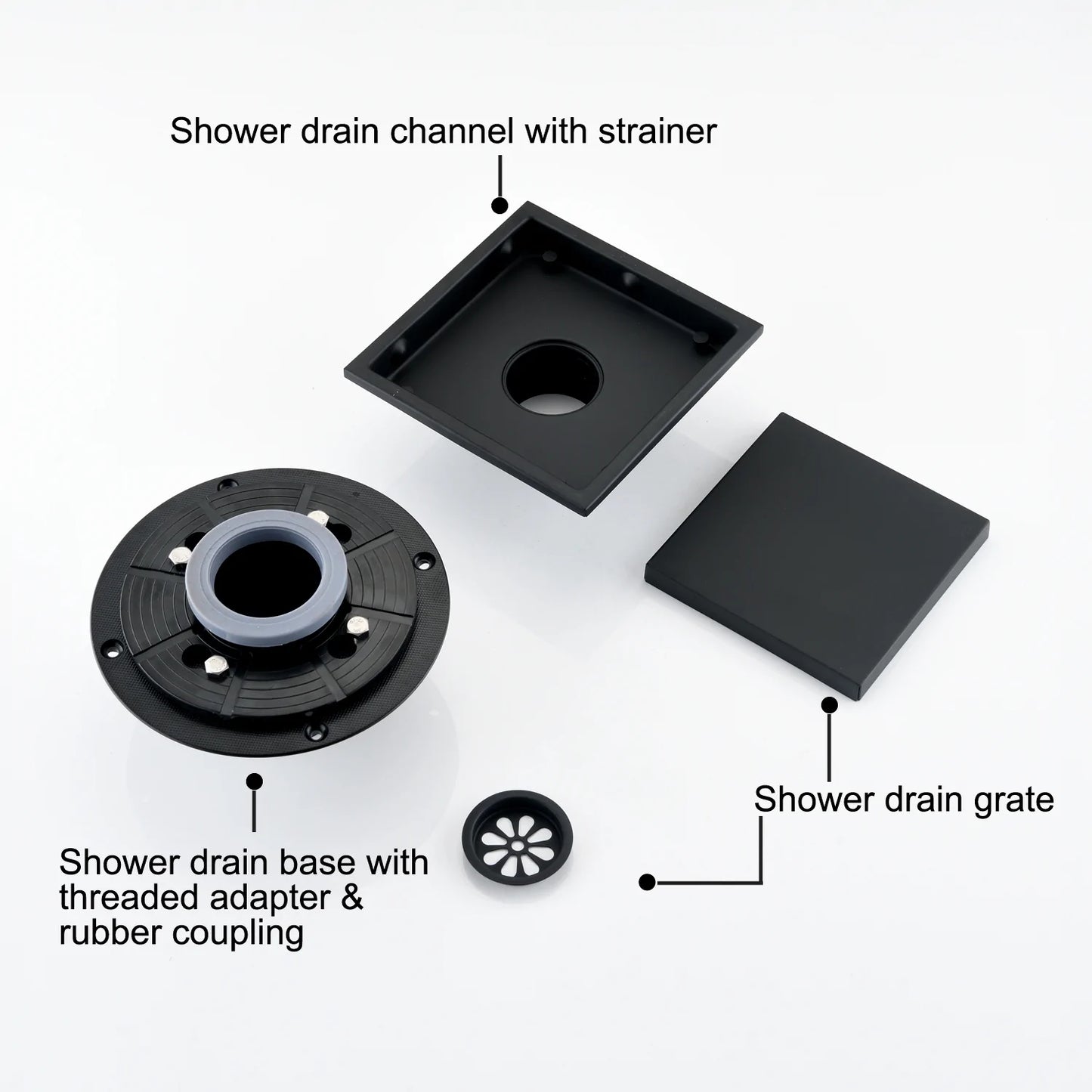 Square Shower Floor Drain in Matte Black 6 Inches