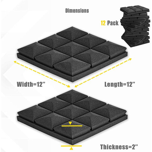 Acoustic Foam Panels Wedge Tiles 12 Pack 2x12x12 Black