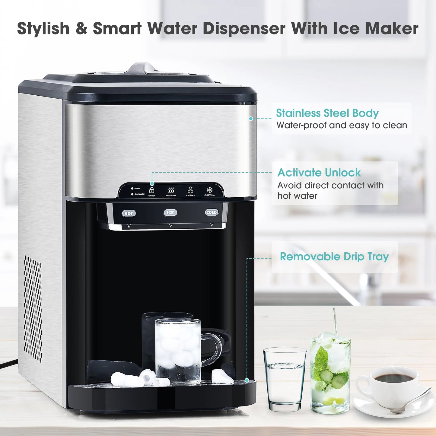 3 in 1 Water Dispenser with Ice Maker Countertop