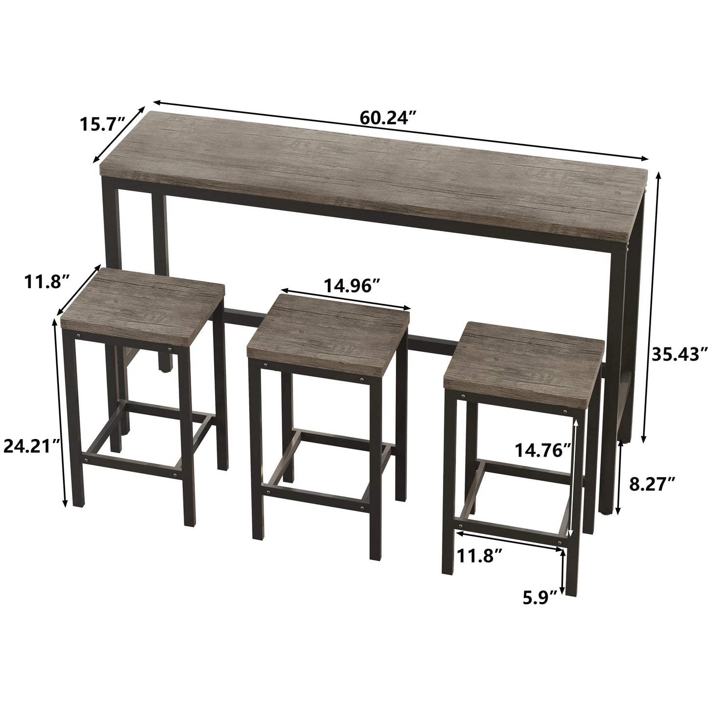 Modern Kitchen Dining Table Long Dining Table Set with 3 Stools in Brown Gray