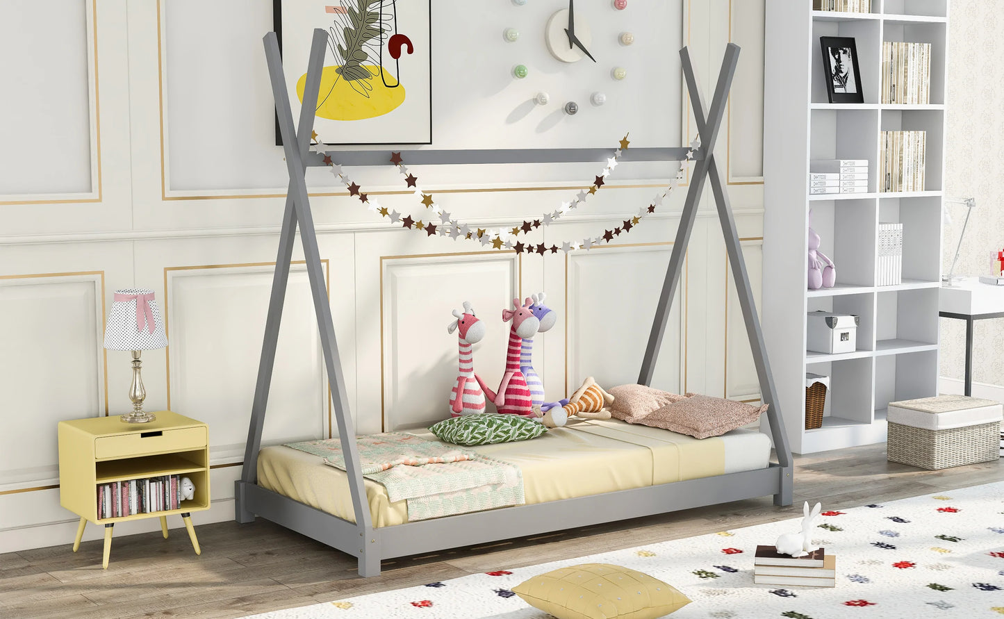 House Platform Bed with Triangle Structure in Gray