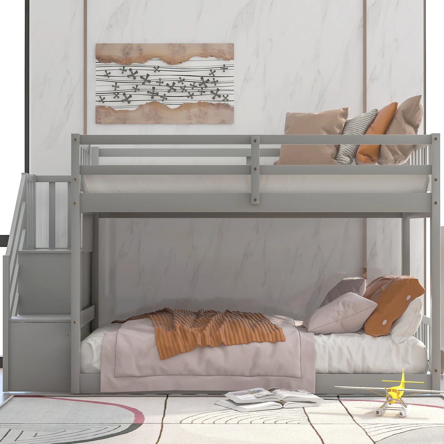 Twin Floor Bunk Bed with Storage in Gray