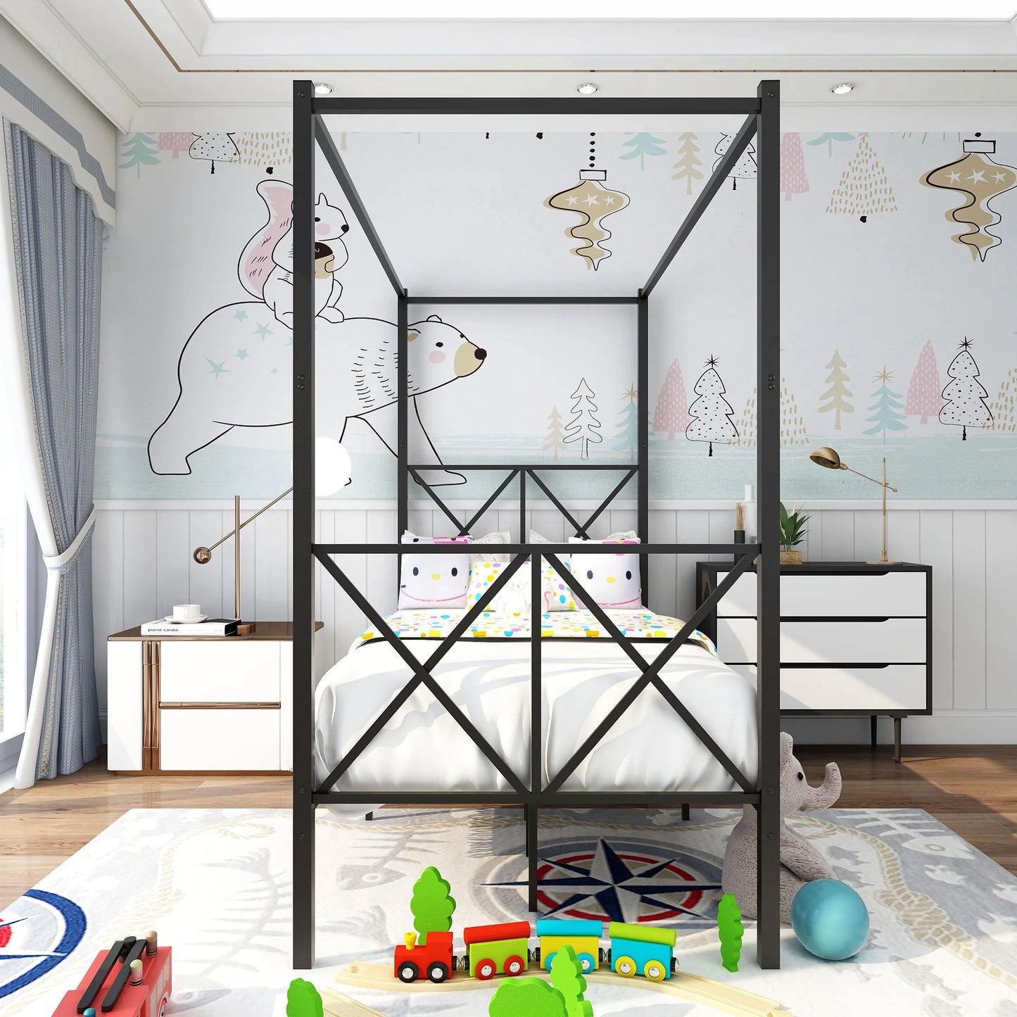 Metal Canopy Bed Frame Platform with X Shaped in Twin Black
