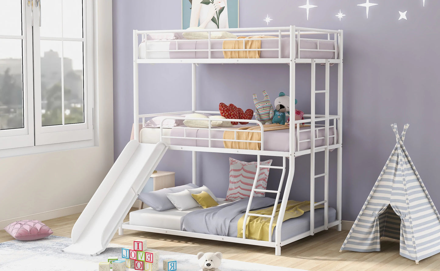Full Triple Bunk Bed with Long and Short Ladder and Full Length Guardrails in Black