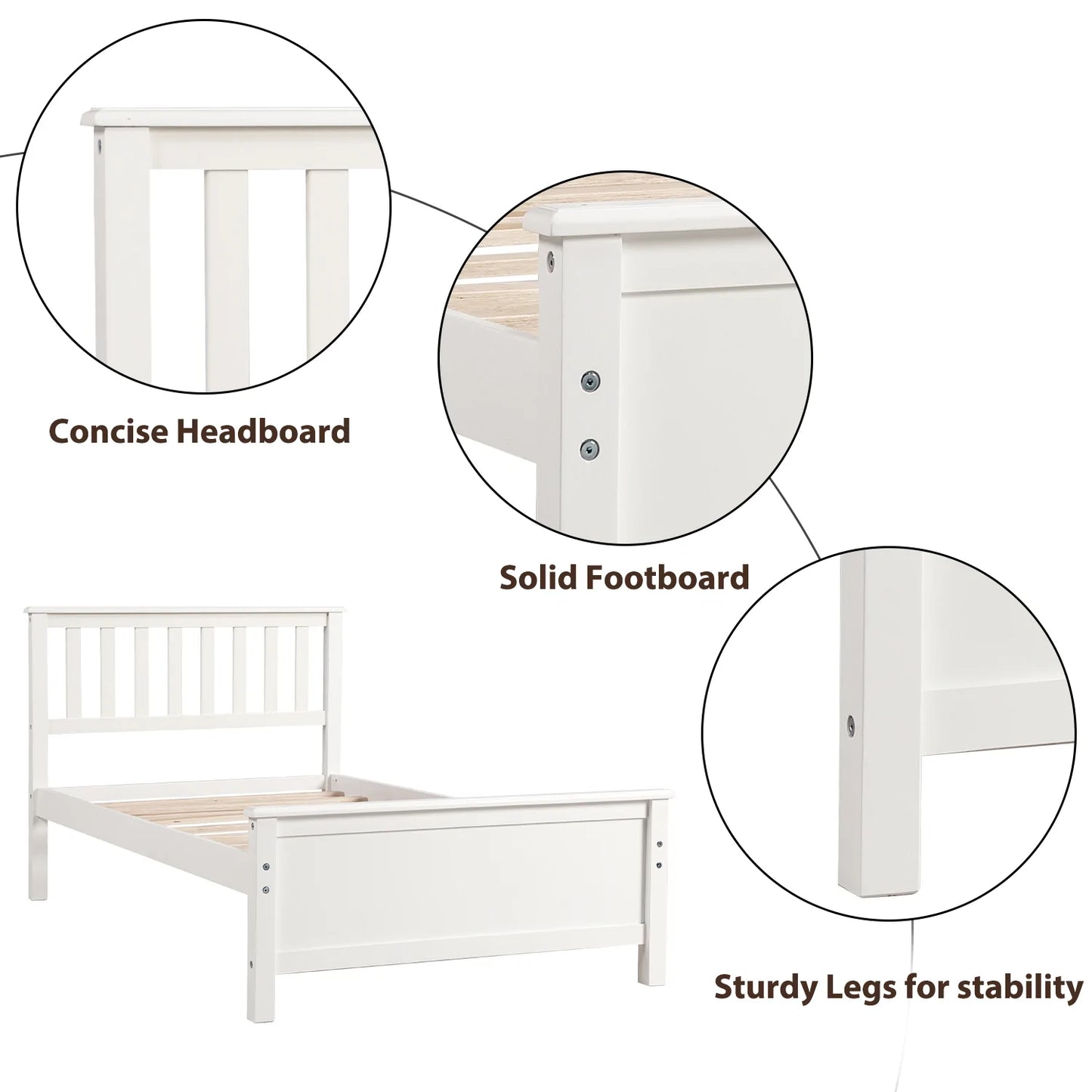 Wood Platform Bed Headboard Footboard Wood Slat Support in White