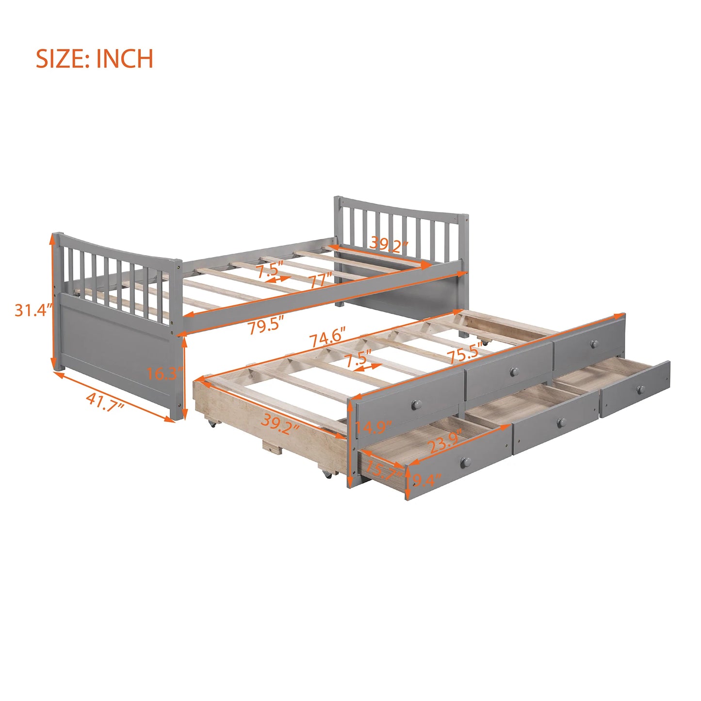 Day bed with Trundle and Drawers in Twin Gray