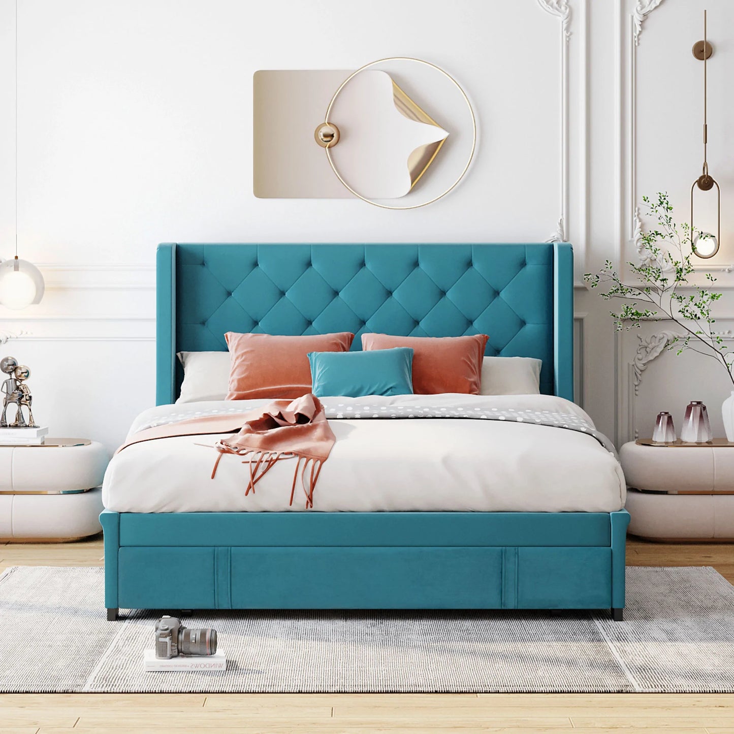 Storage Bed Velvet Upholstered Platform Wingback Headboard Blue