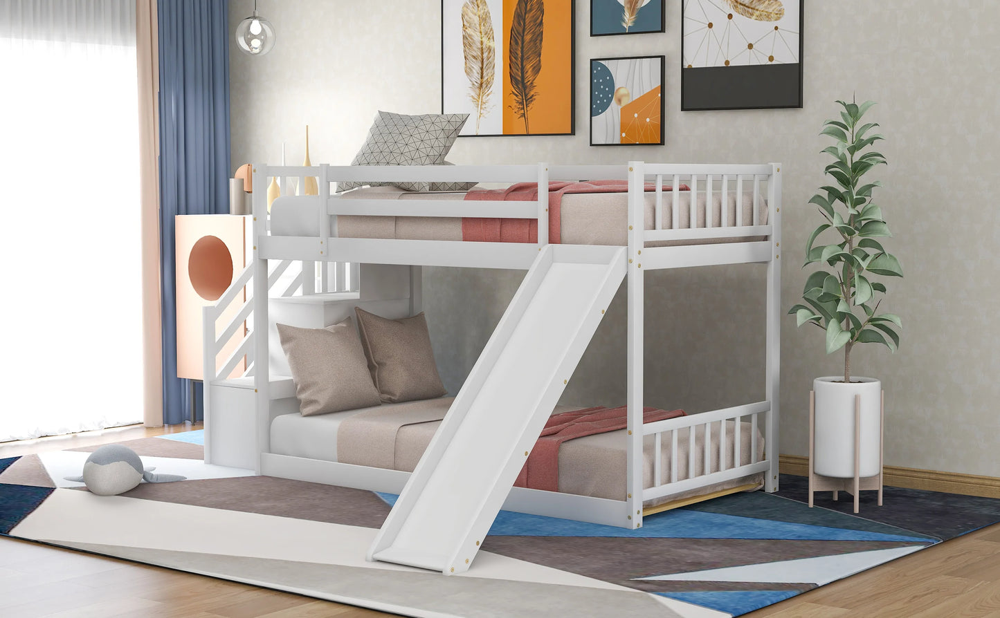 Bunk Bed with Convertible Slide and Stairway in White