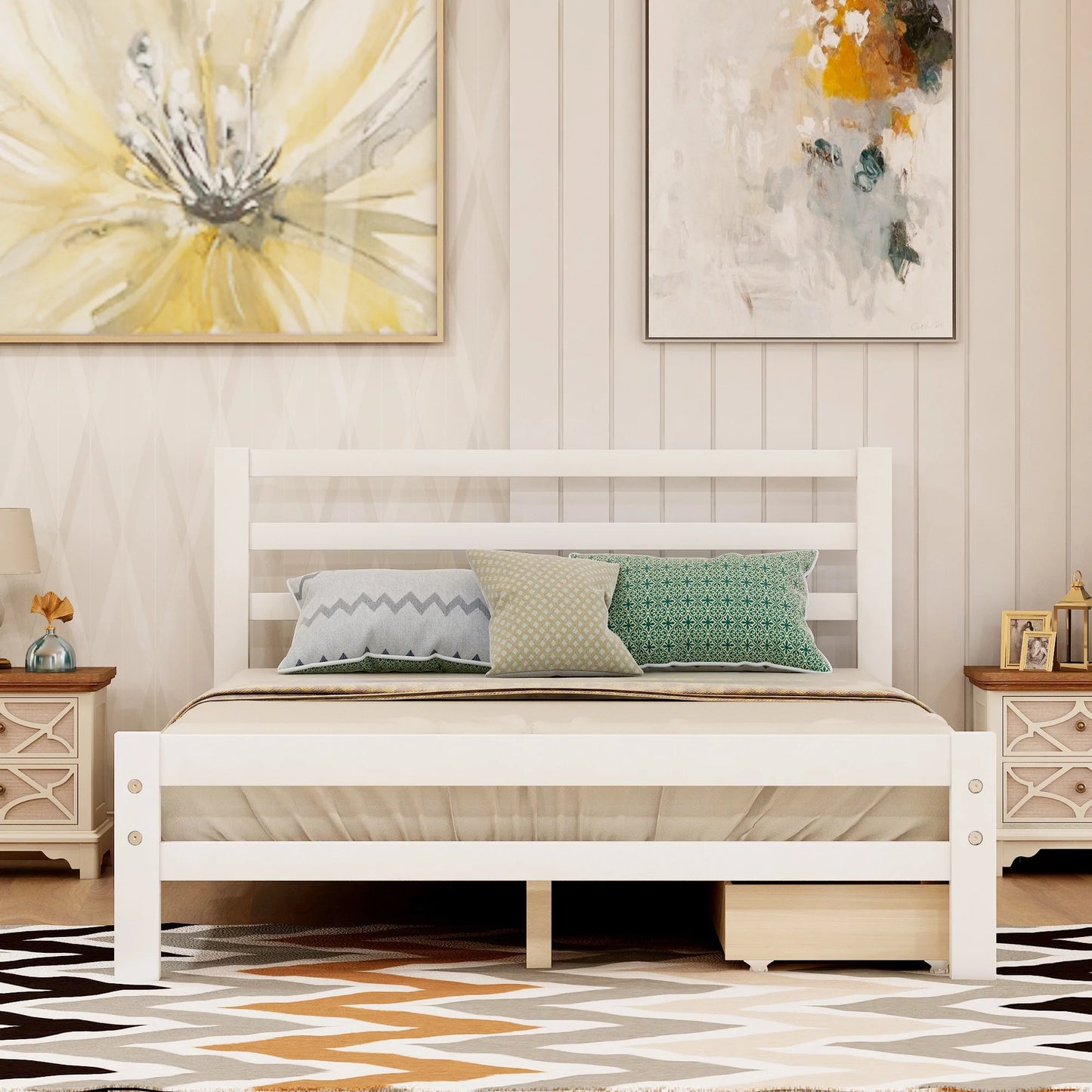 Wood Platform Bed with Two Drawers in Full White