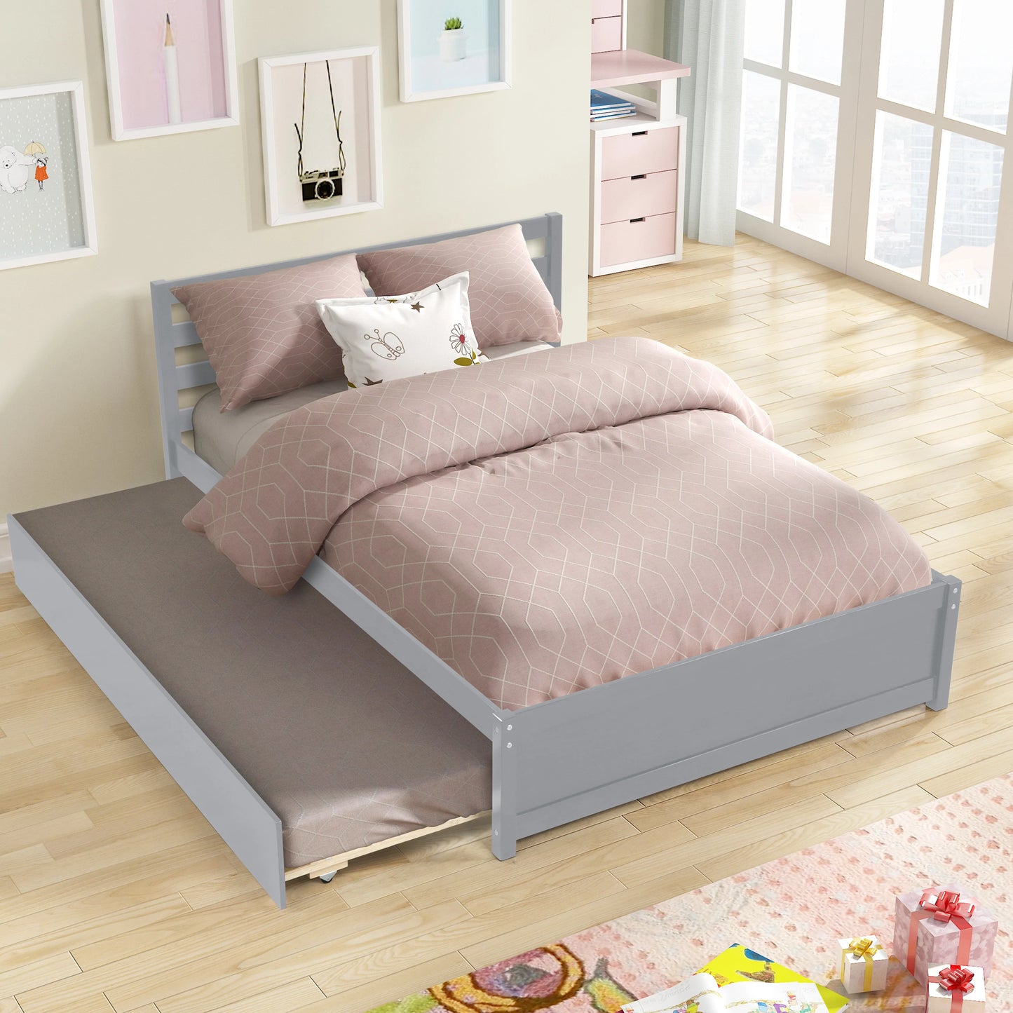 Bed Frame with Headboard and Twin trundle in Full Size Wood