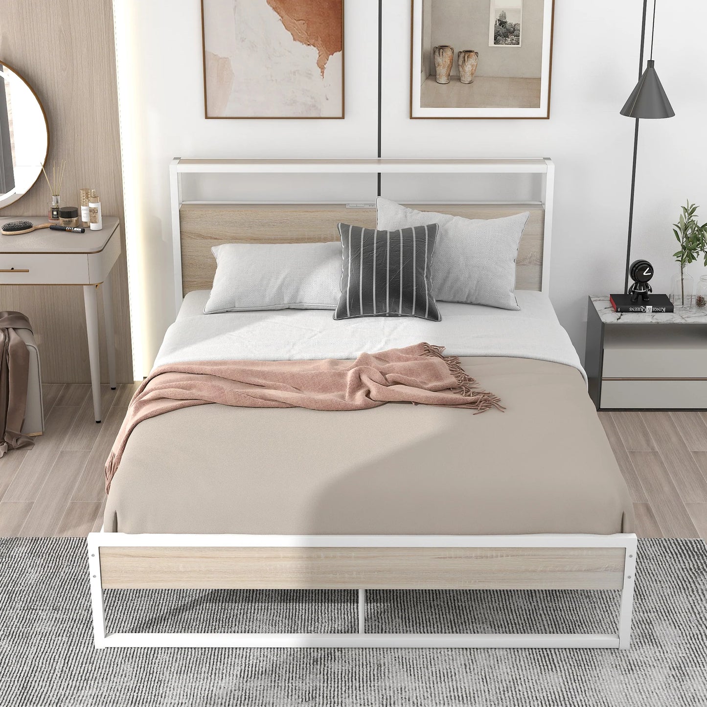 Bed Frame with Sockets USB Ports and Slat Support in Queen White