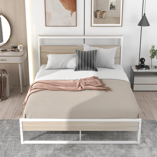 Bed Frame with Sockets USB Ports and Slat Support in Queen White