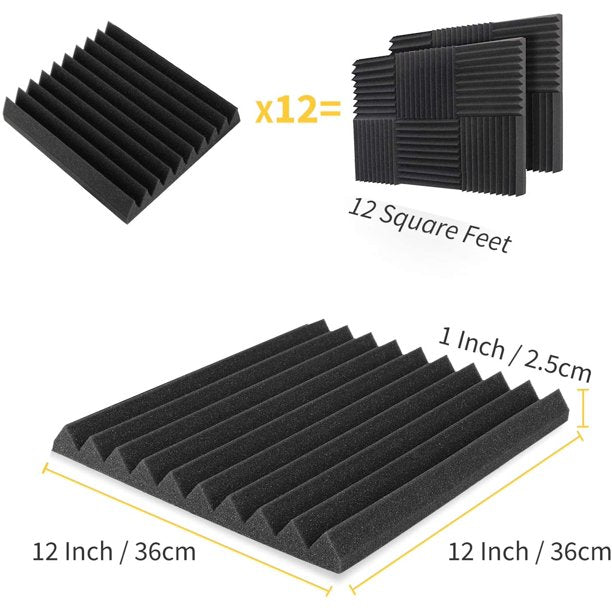 Acoustic Panels Sound Proof Foam 12 Packs 12x12x1 Inches Black