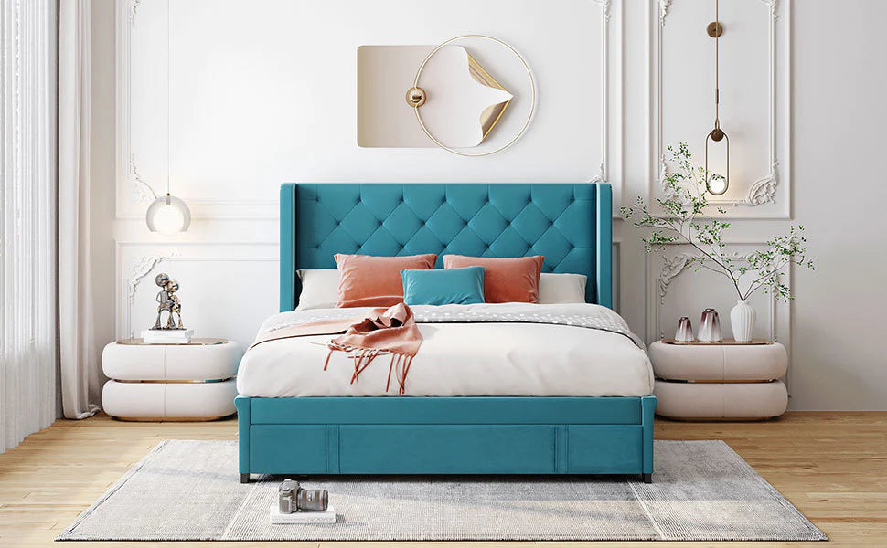 Storage Bed Velvet Upholstered Platform Wingback Headboard Blue