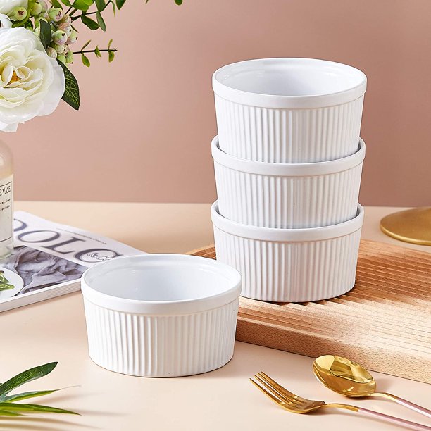 Ceramic Souffle Dish Oven Safe Ramekins 12 Oz Set of 4 in White