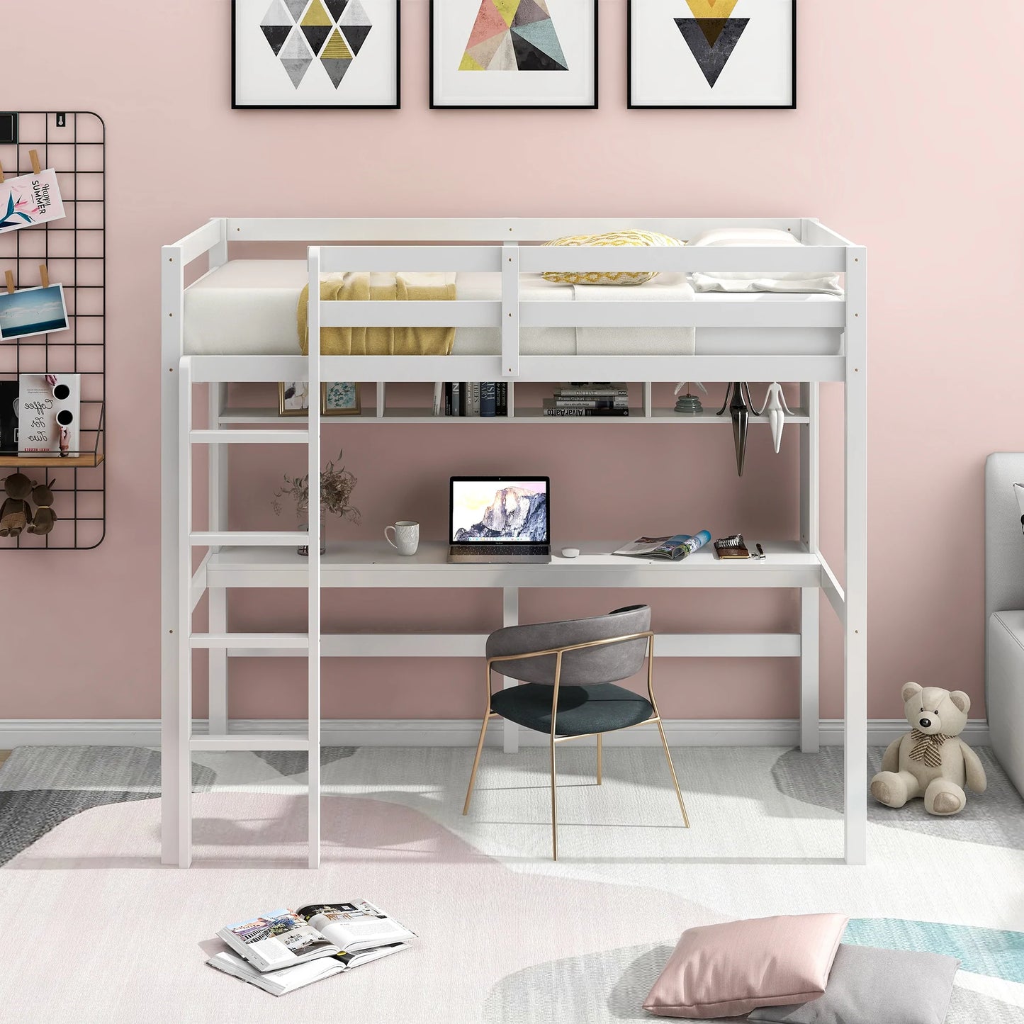 Loft Bed with Convenient Desk Shelves and Ladder Twin Size in White
