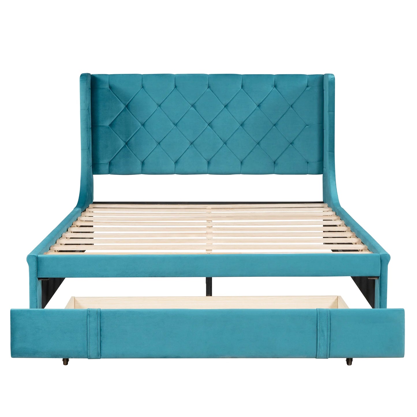 Storage Bed Velvet Upholstered Platform Wingback Headboard Blue