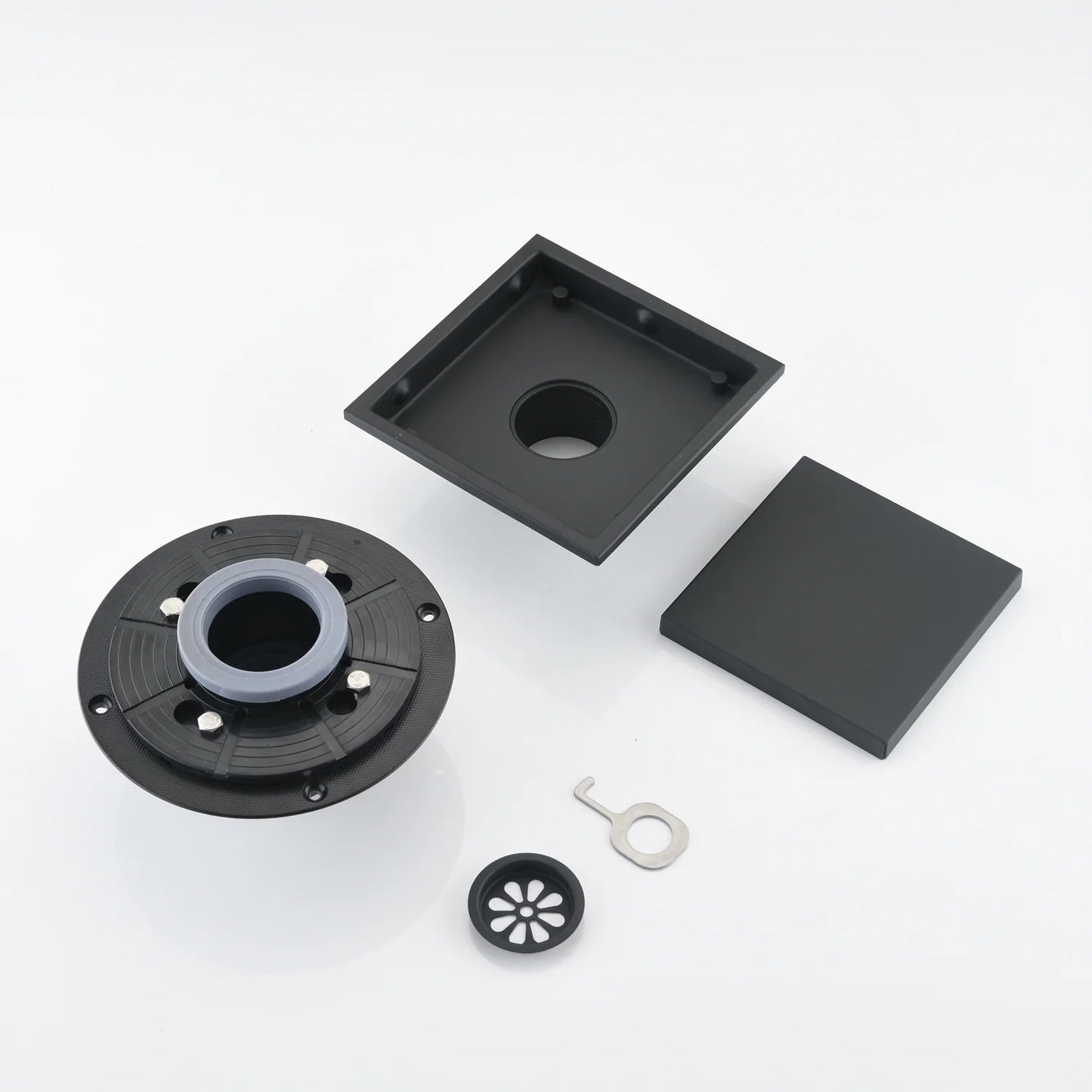 Square Shower Floor Drain in Matte Black 6 Inches
