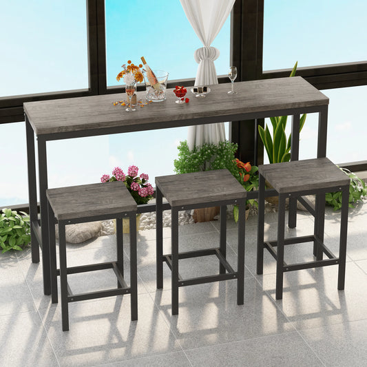 Modern Kitchen Dining Table Long Dining Table Set with 3 Stools in Brown Gray