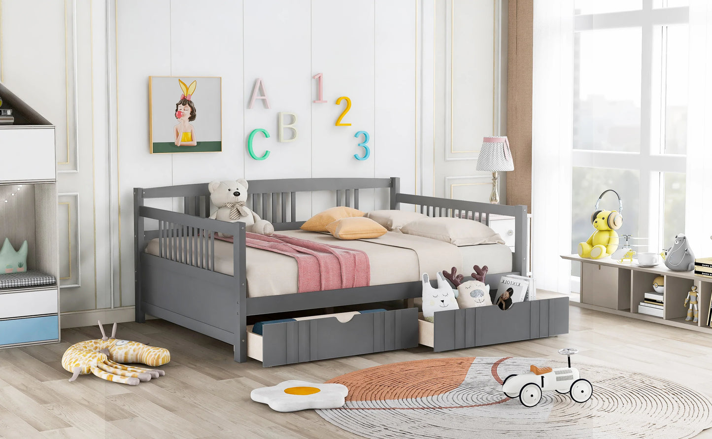 Daybed Wood Bed with Two Drawers in Gray
