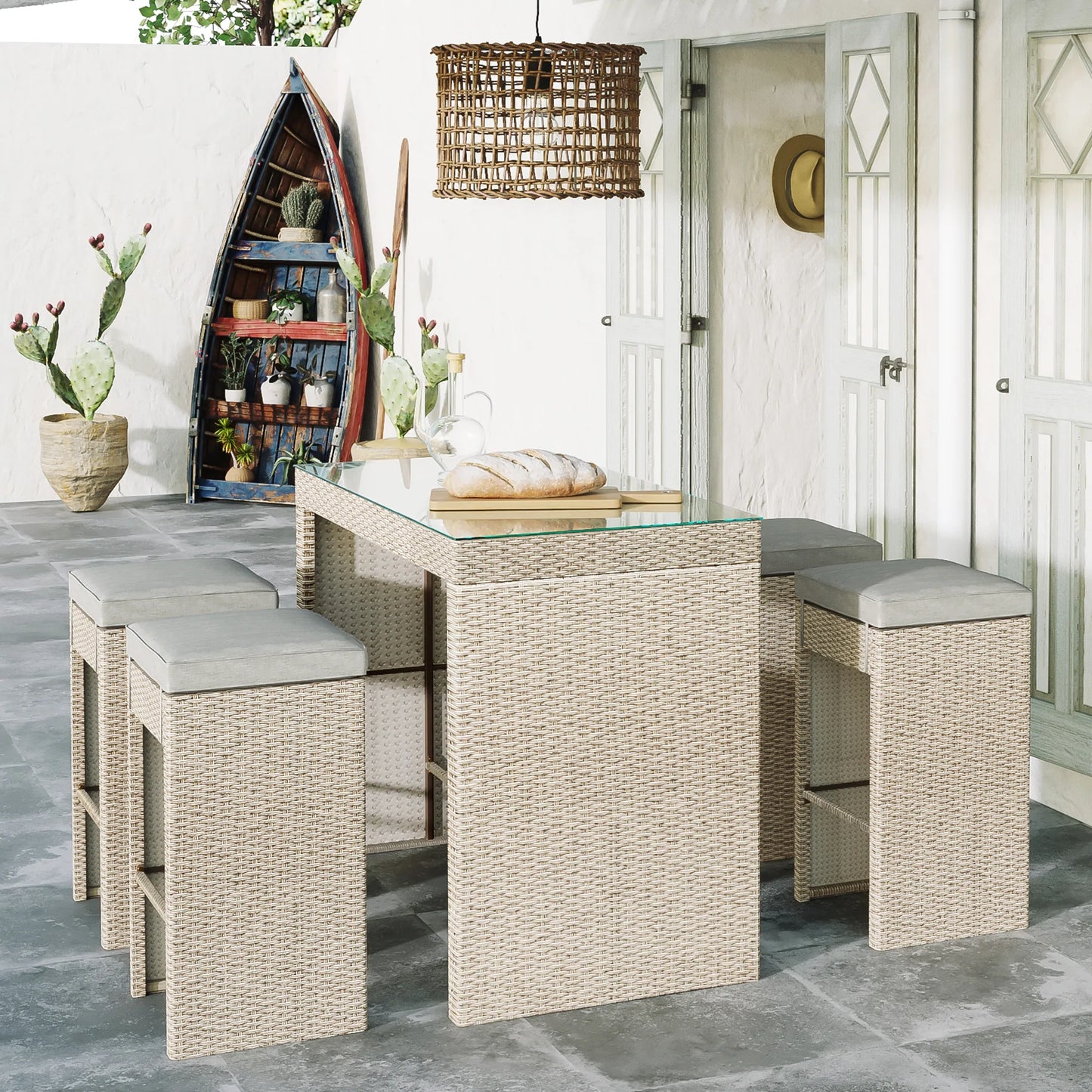 Dining Table Set with 4 Stools in Brown 5 Pieces
