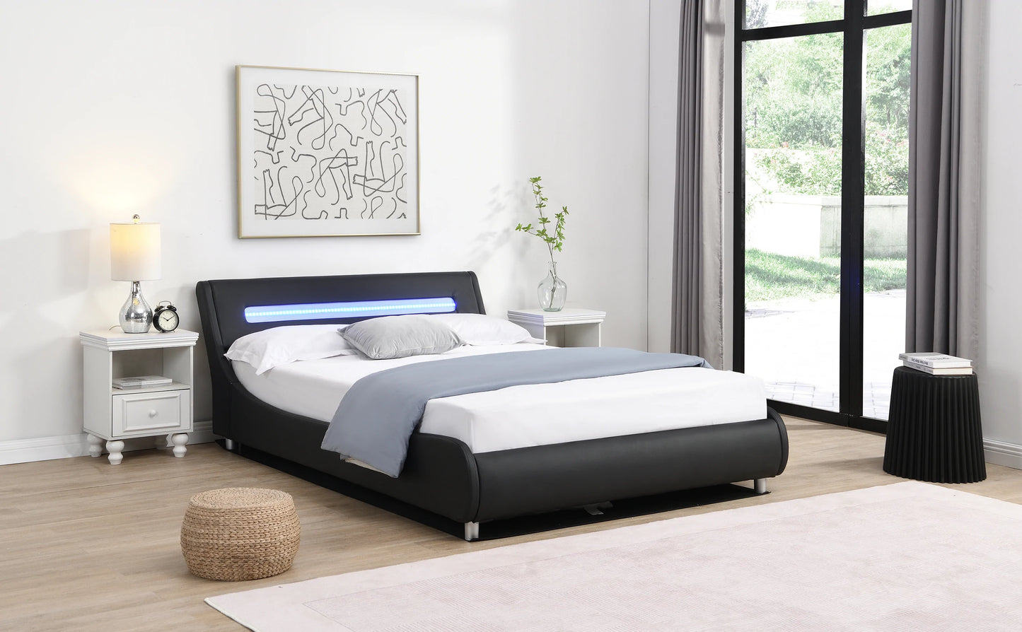 Full Size Low Profile Upholstered Platform Bed with LED headboard in Black