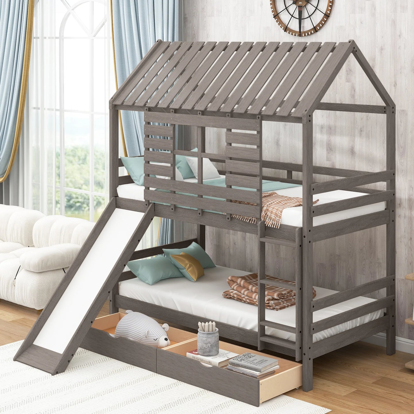 House Bunk Bed with Convertible Slide and Two Drawers in Antique Gray