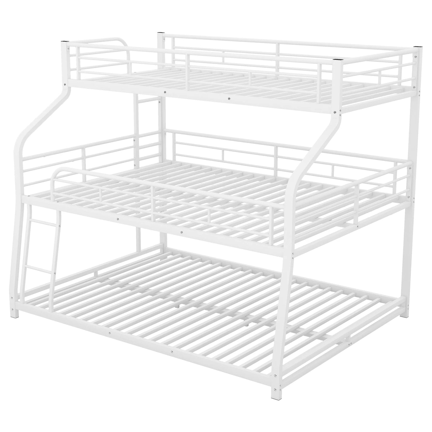 Triple Bunk Bed Long and Short Ladder Full Length Guardrail White