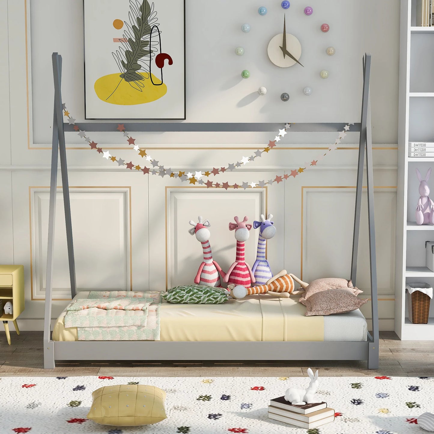 House Platform Bed with Triangle Structure in Gray