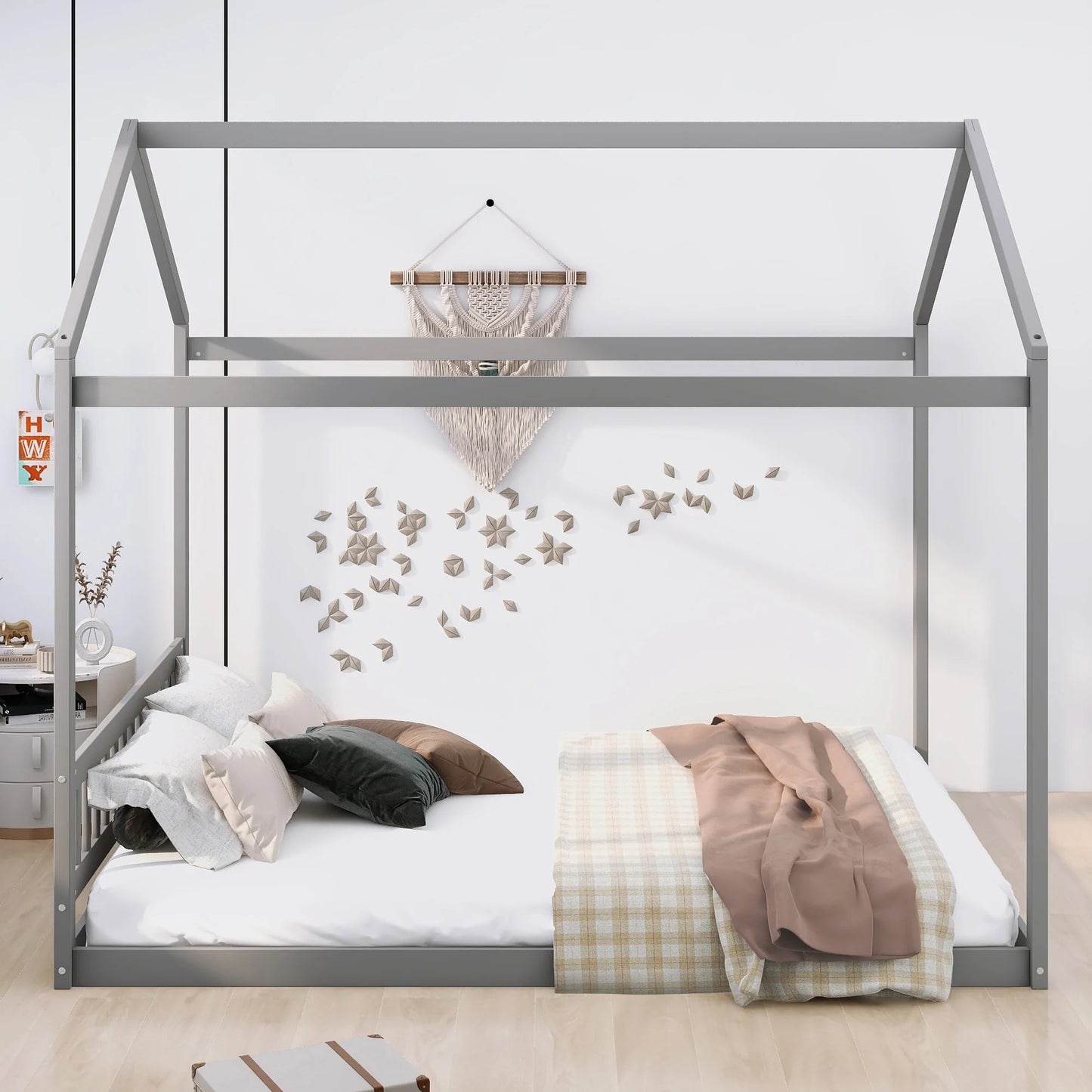 Wooden House Bed with Headboard Queen Size in Gray