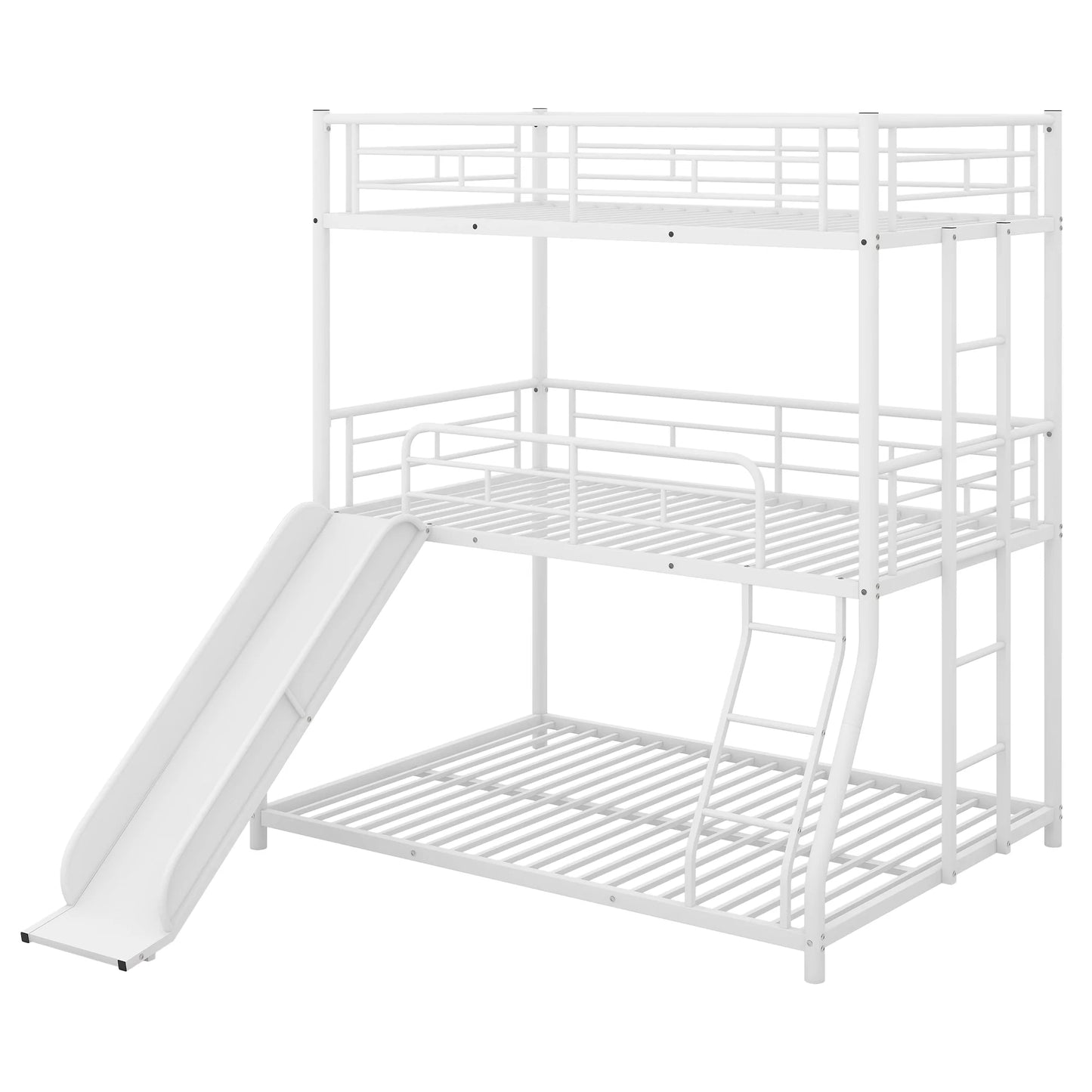 Full Triple Bunk Bed with Long and Short Ladder and Full Length Guardrails in Black