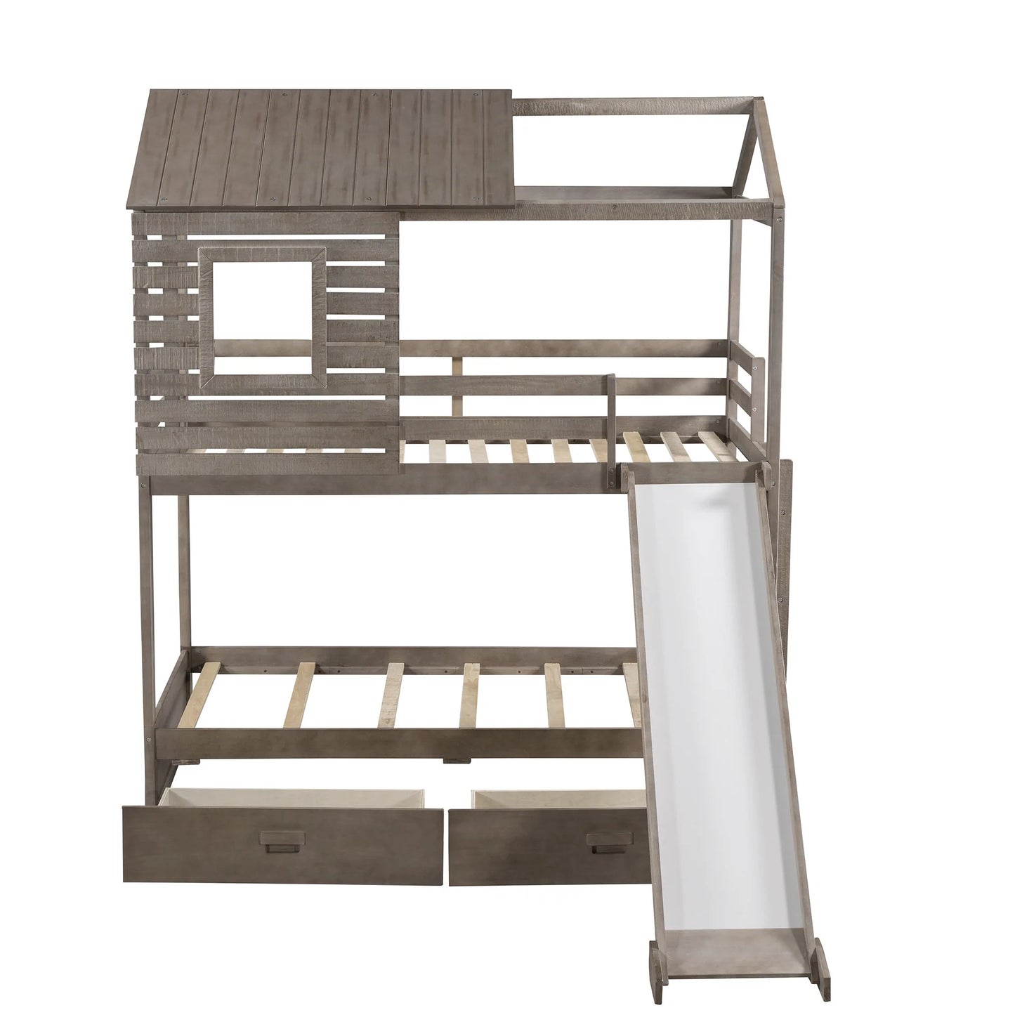 Slide House Shaped Wood Bunk Bed in Antique Gray