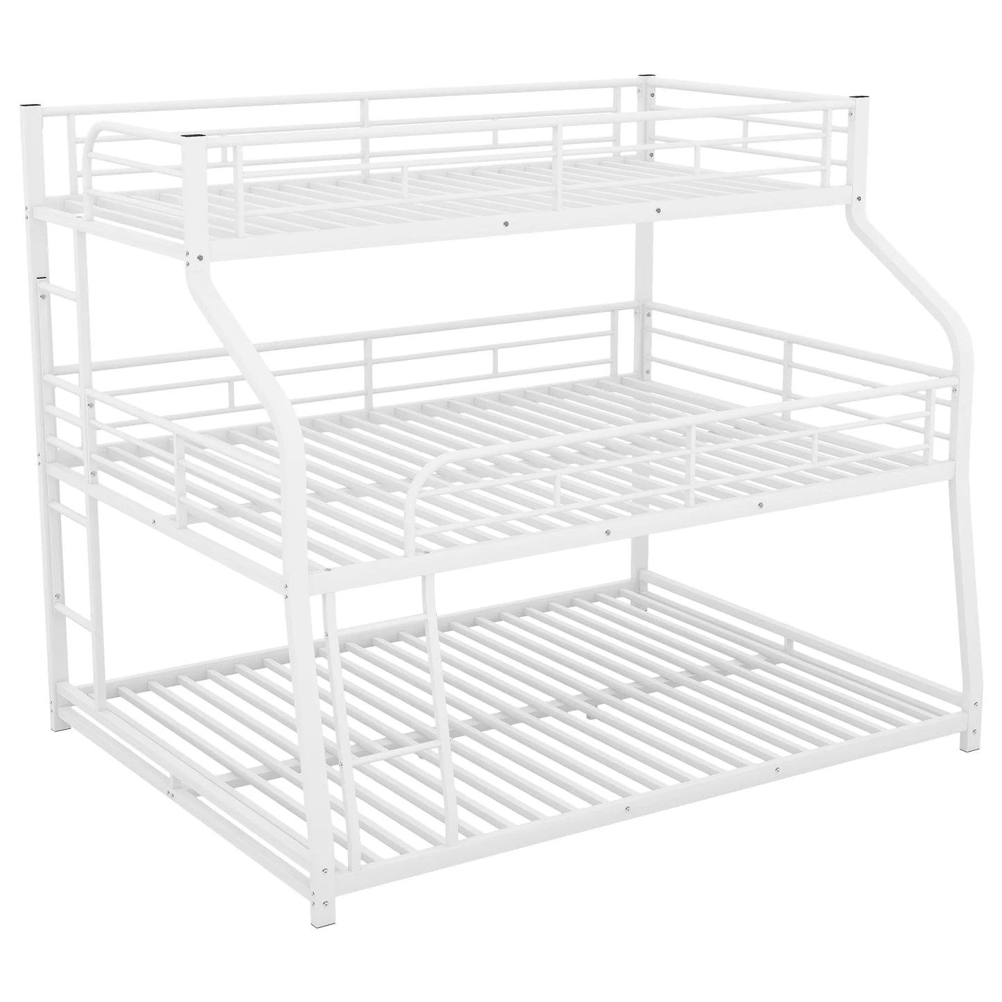 Triple Bunk Bed Long and Short Ladder Full Length Guardrail White