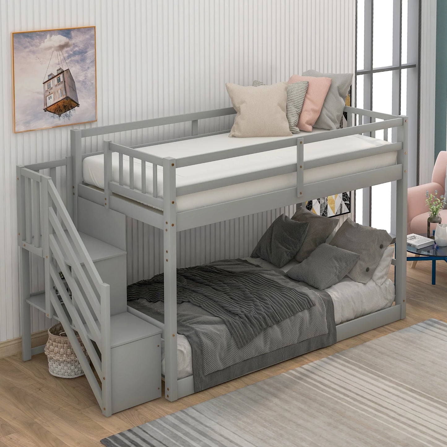 Twin Floor Bunk Bed with Storage in Gray