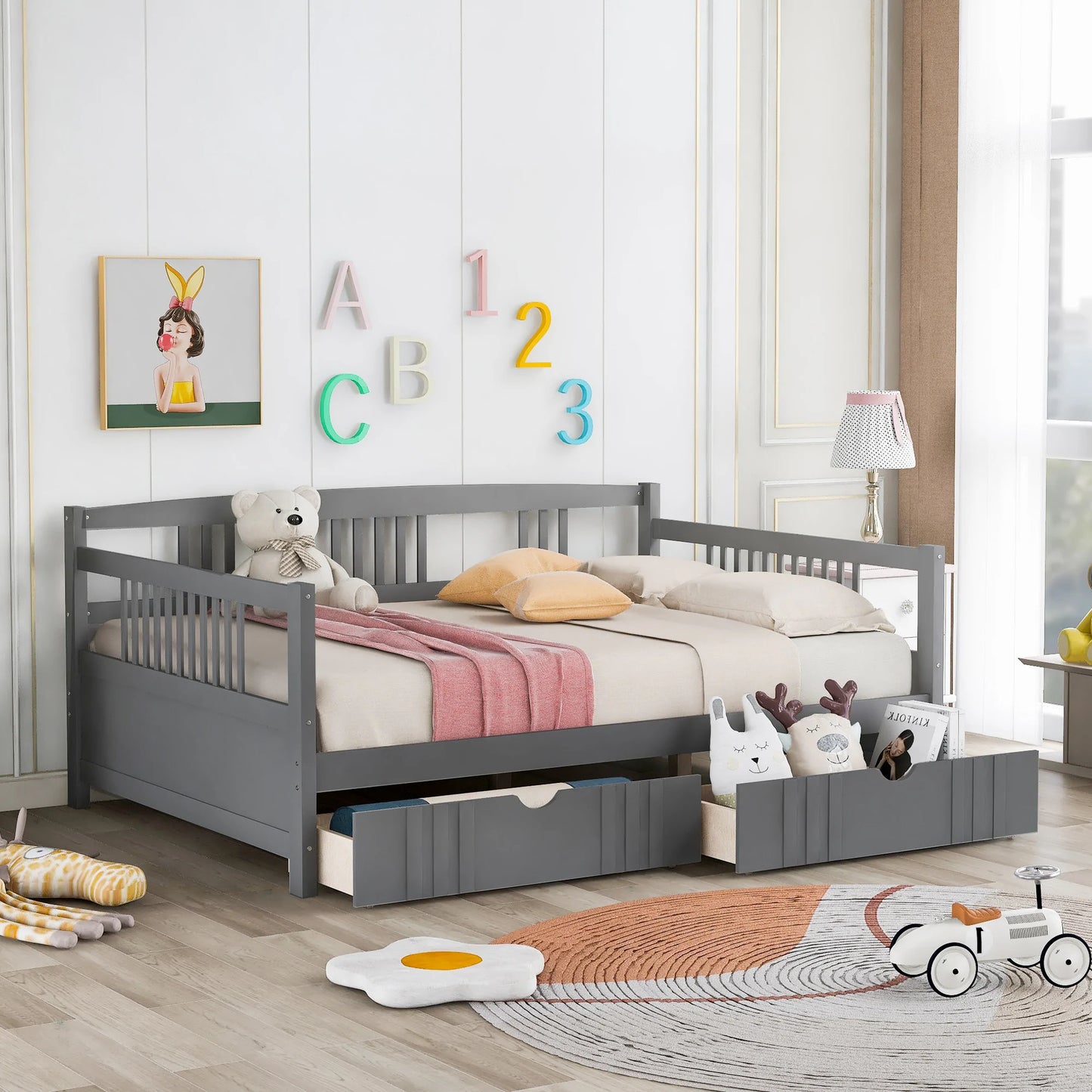 Daybed Wood Bed with Two Drawers in Gray