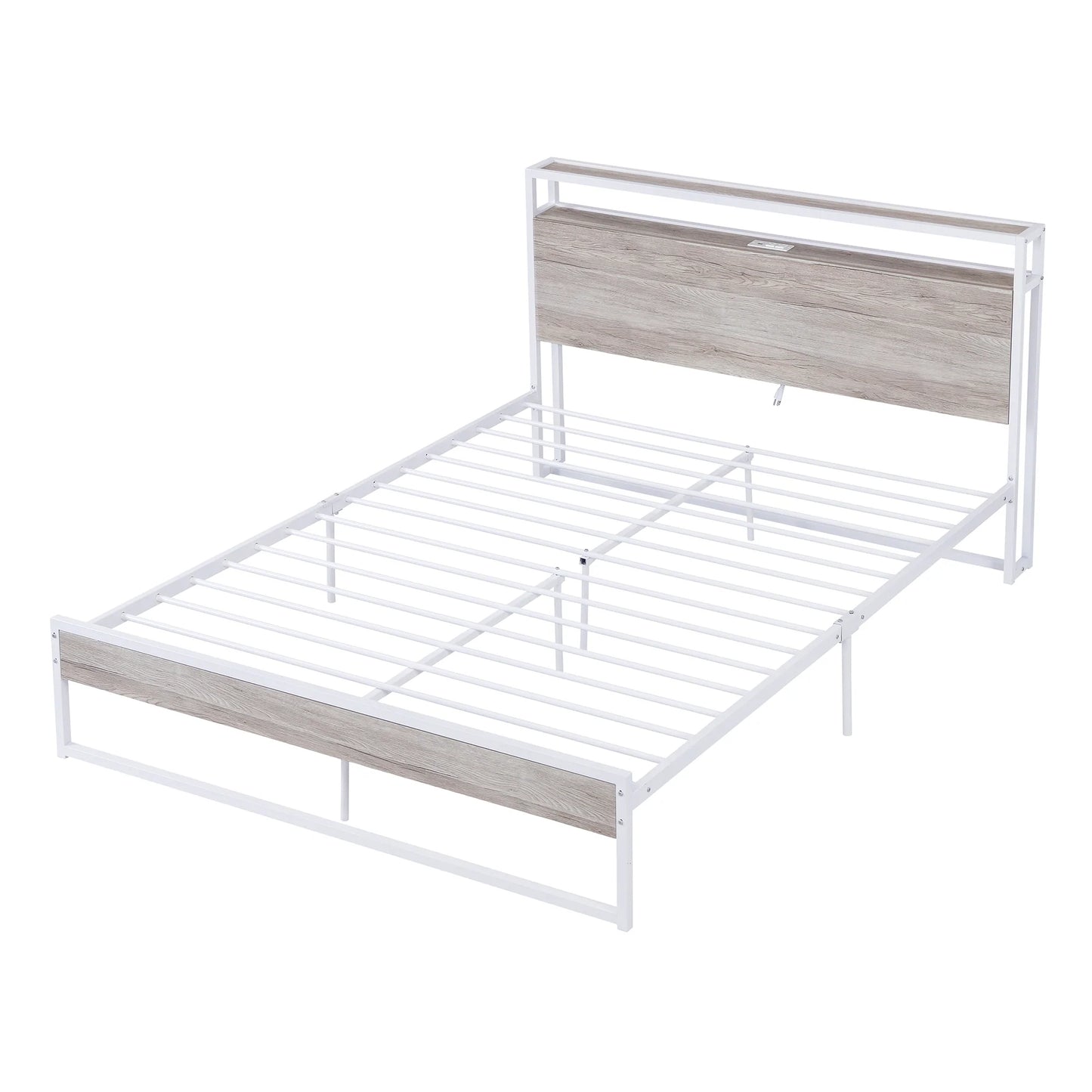 Bed Frame with Sockets USB Ports and Slat Support in Queen White