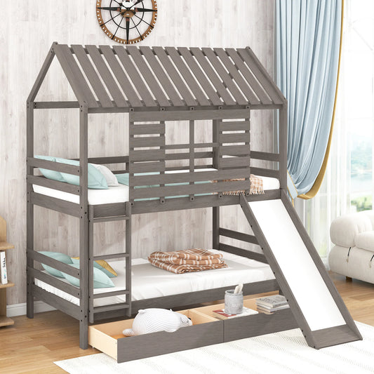 House Bunk Bed with Convertible Slide and Two Drawers in Antique Gray