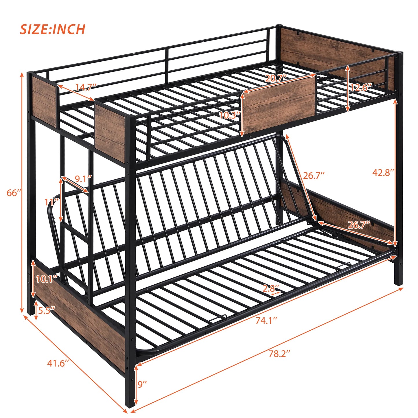 Bed in Twin Over Full Futon Bunk Black