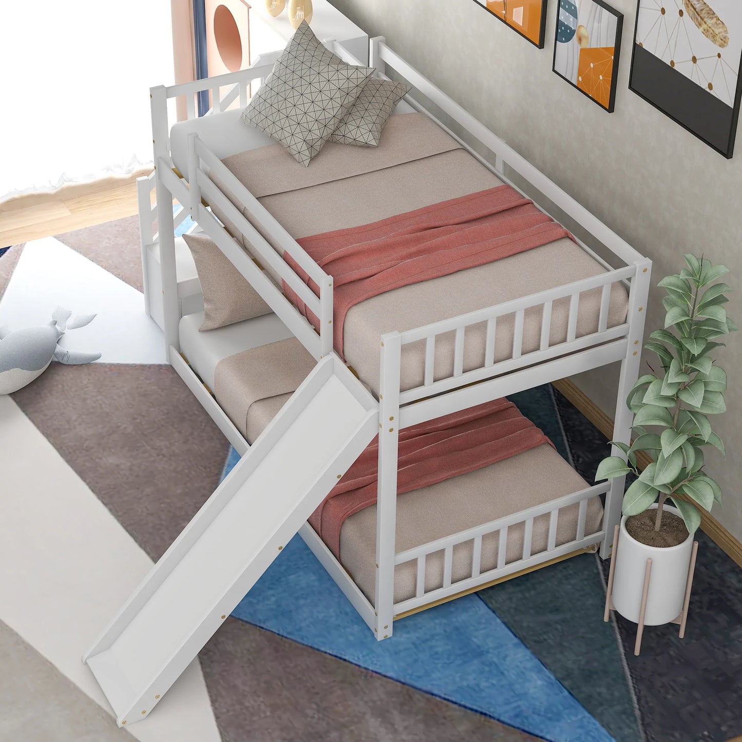 Bunk Bed with Convertible Slide and Stairway in White