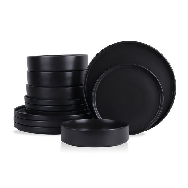 Round Dinnerware Set in Black 12 Pieces