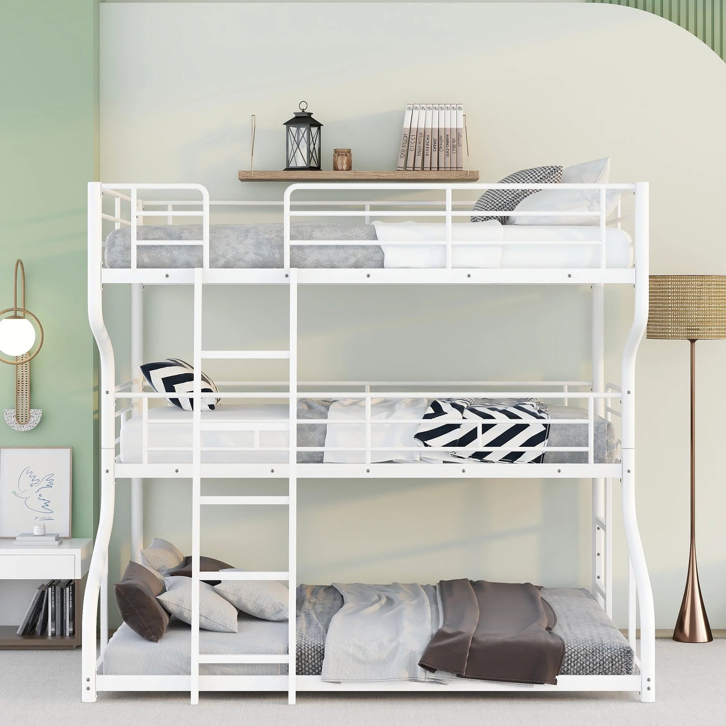 Triple Bunk Bed with Long and Short Ladder Queen Size in White