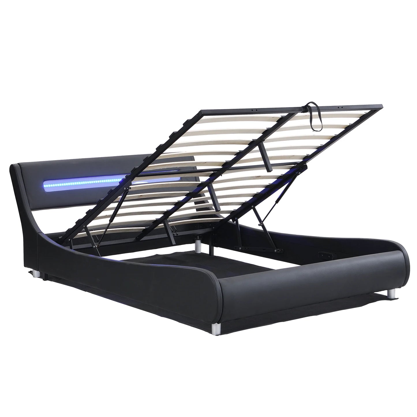 Full Size Low Profile Upholstered Platform Bed with LED headboard in Black
