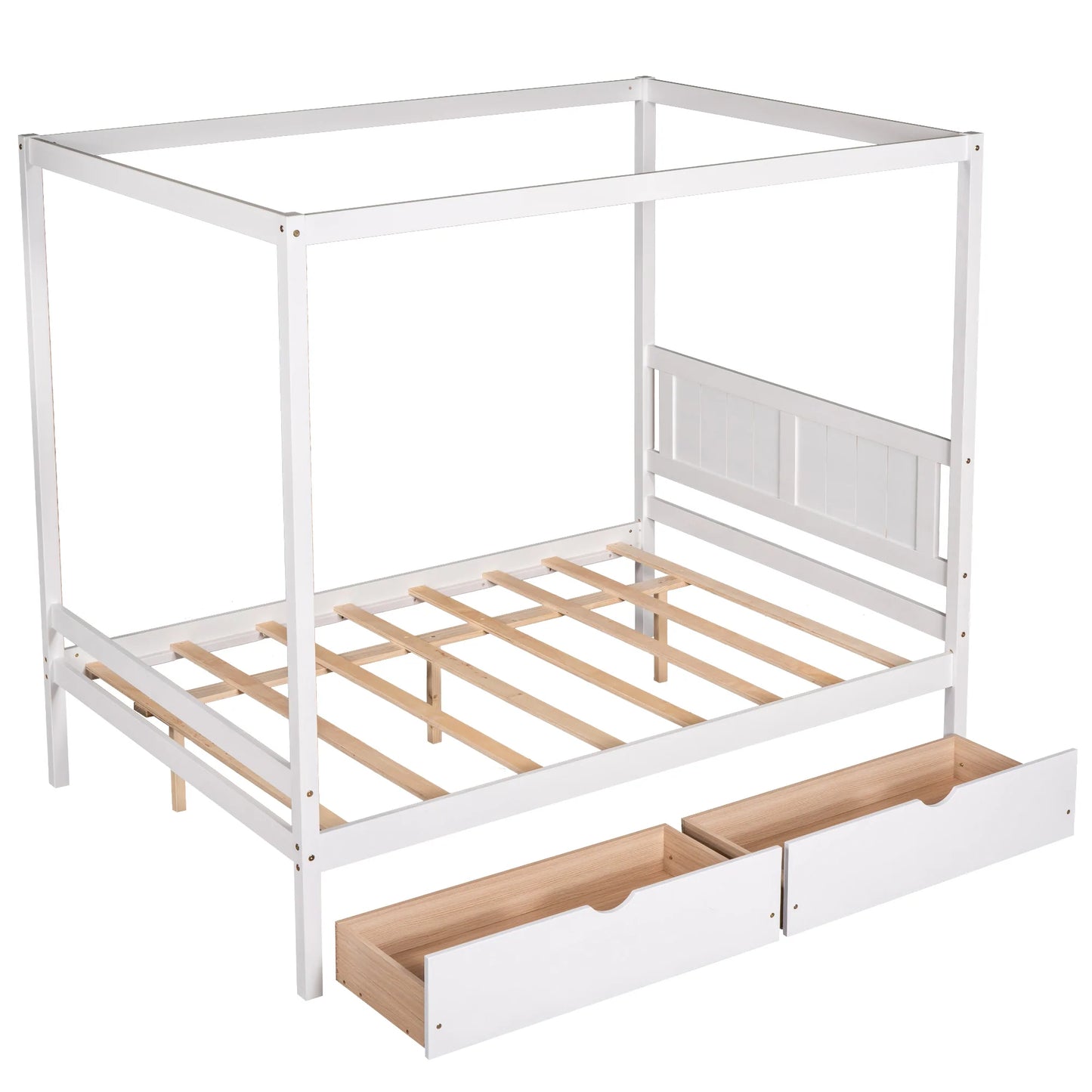 Canopy Platform Bed with Two Drawers With Slat Support Leg in White