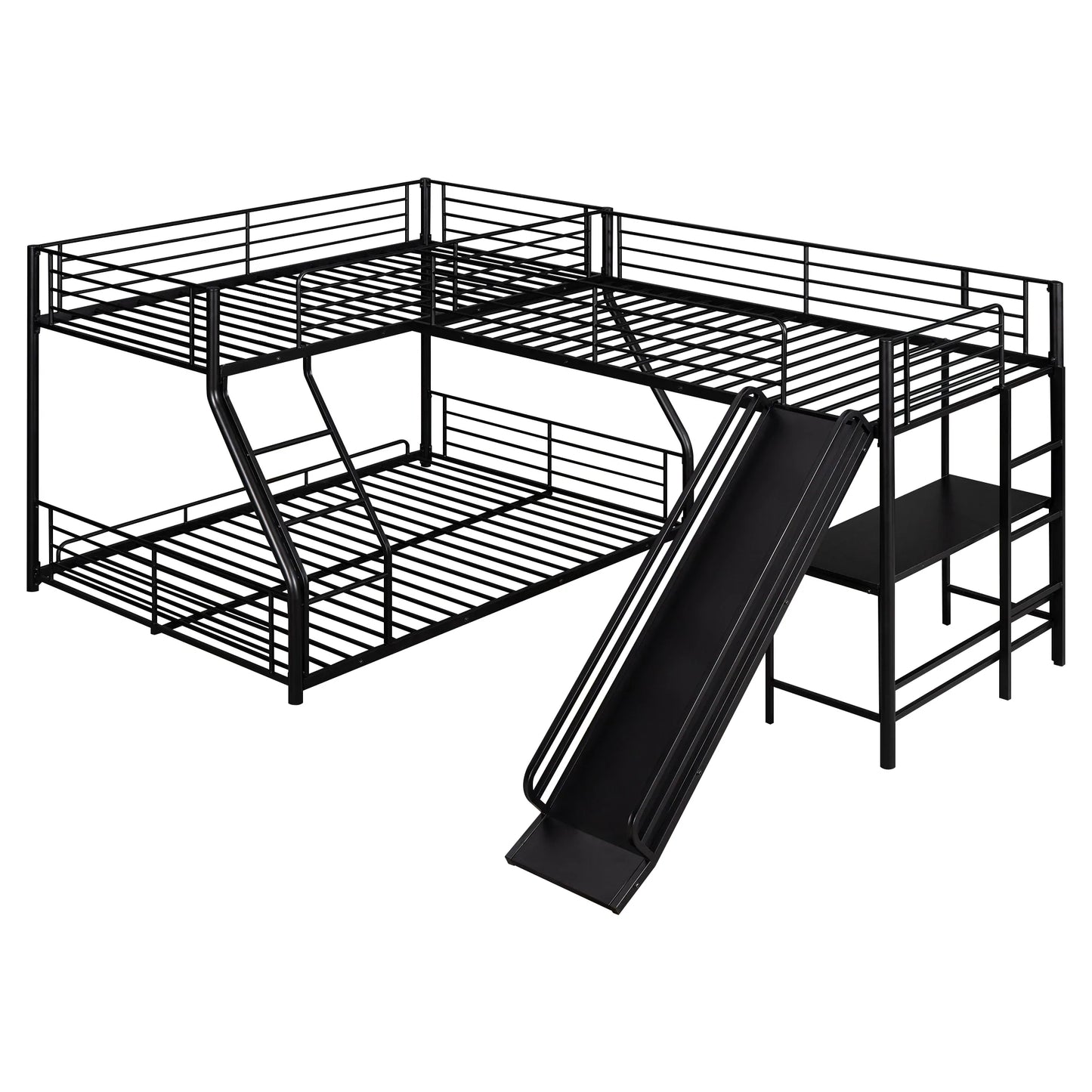 L Shaped Twin over Full Bunk Bed with Twin Size Loft Bed Built in Desk and Slide in Black