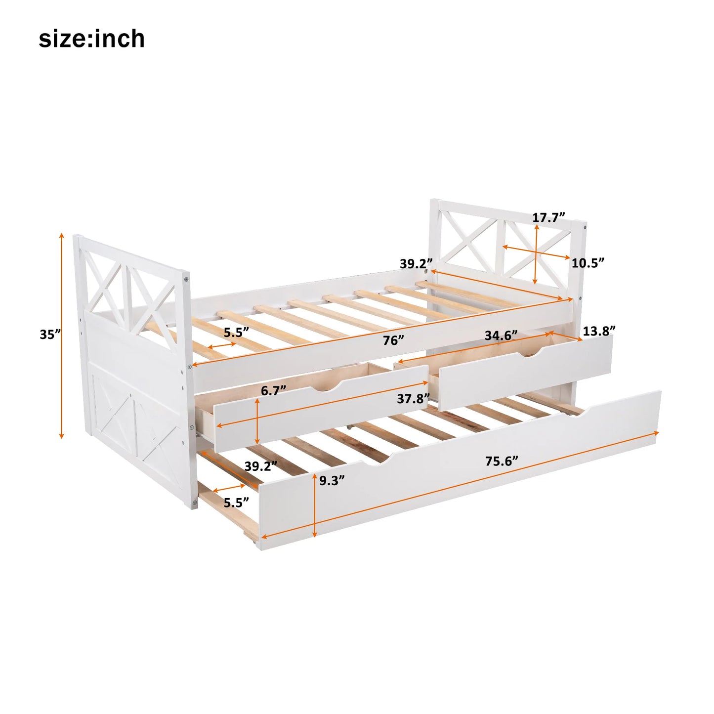 Daybed with Drawers and Trundle in White